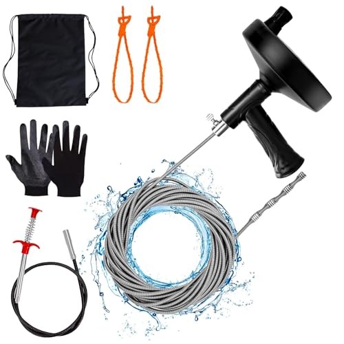 Drain Auger 33 ft, Plumbing Snake Hair Clog Remover Drain Snake Flexible Black