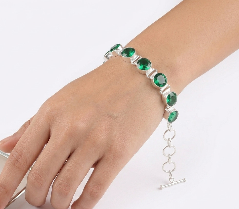 Emerald Gemstone 925 Sterling Silver Jewelry Handmade Dainty Gift Bracelet 9"