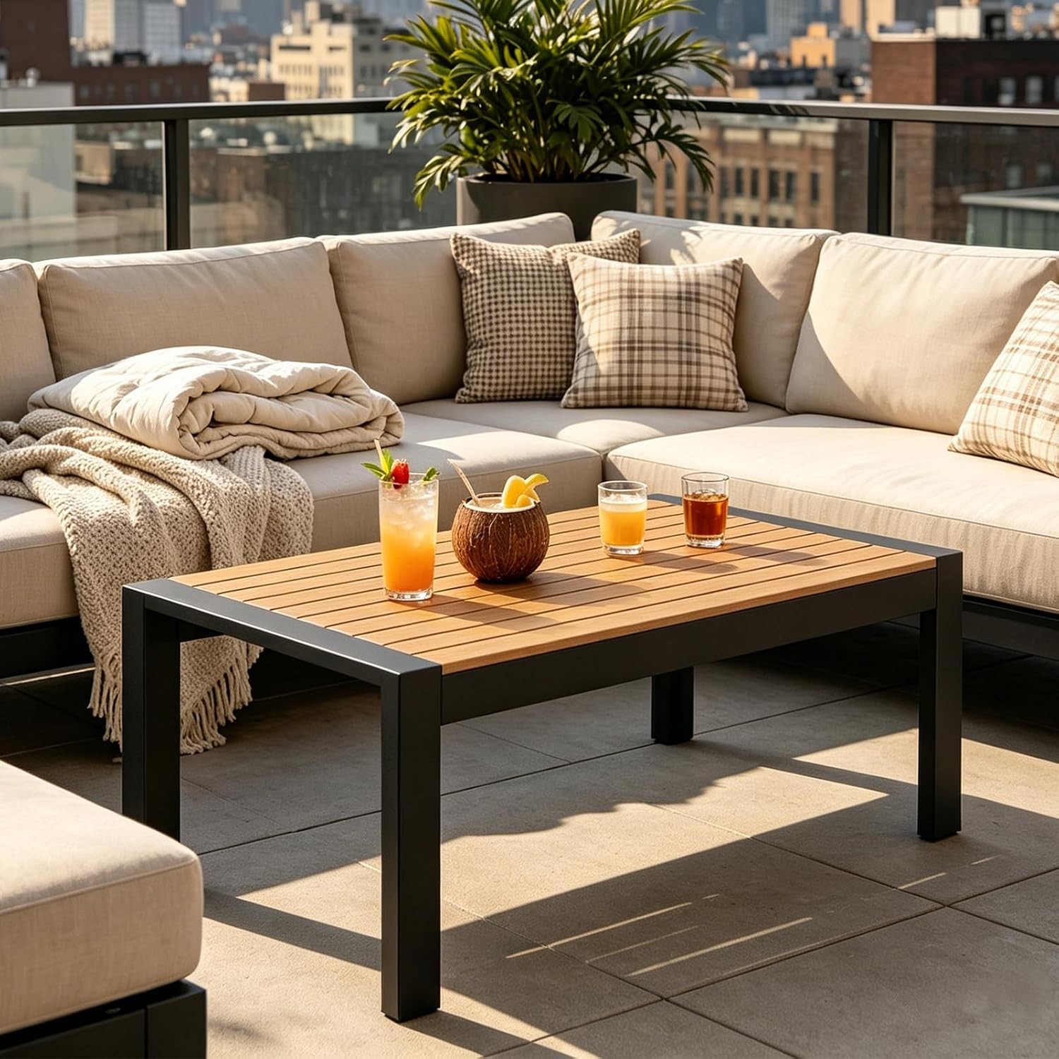 Aluminum Outdoor Coffee Table Rectangle Wood Look All Weather Patio Deck
