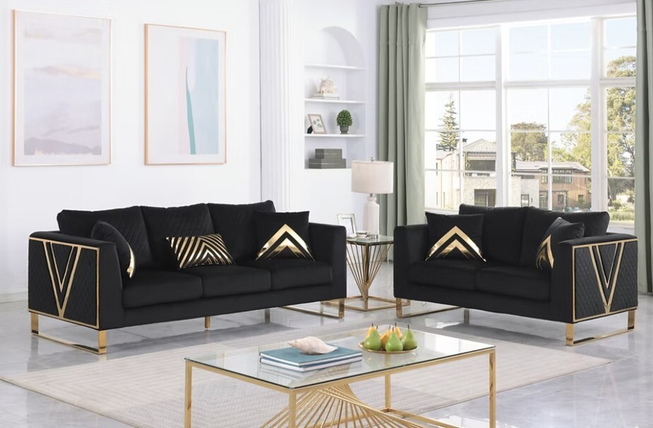 NEW 3PC Black Gold Sofa Loveseat Chair Contemporary Luxe Glam Velvet Living Room