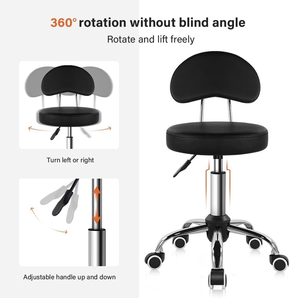 Rolling Stool with Mid Back Height Adjustable Chair PU Leather Swivel Chair w...