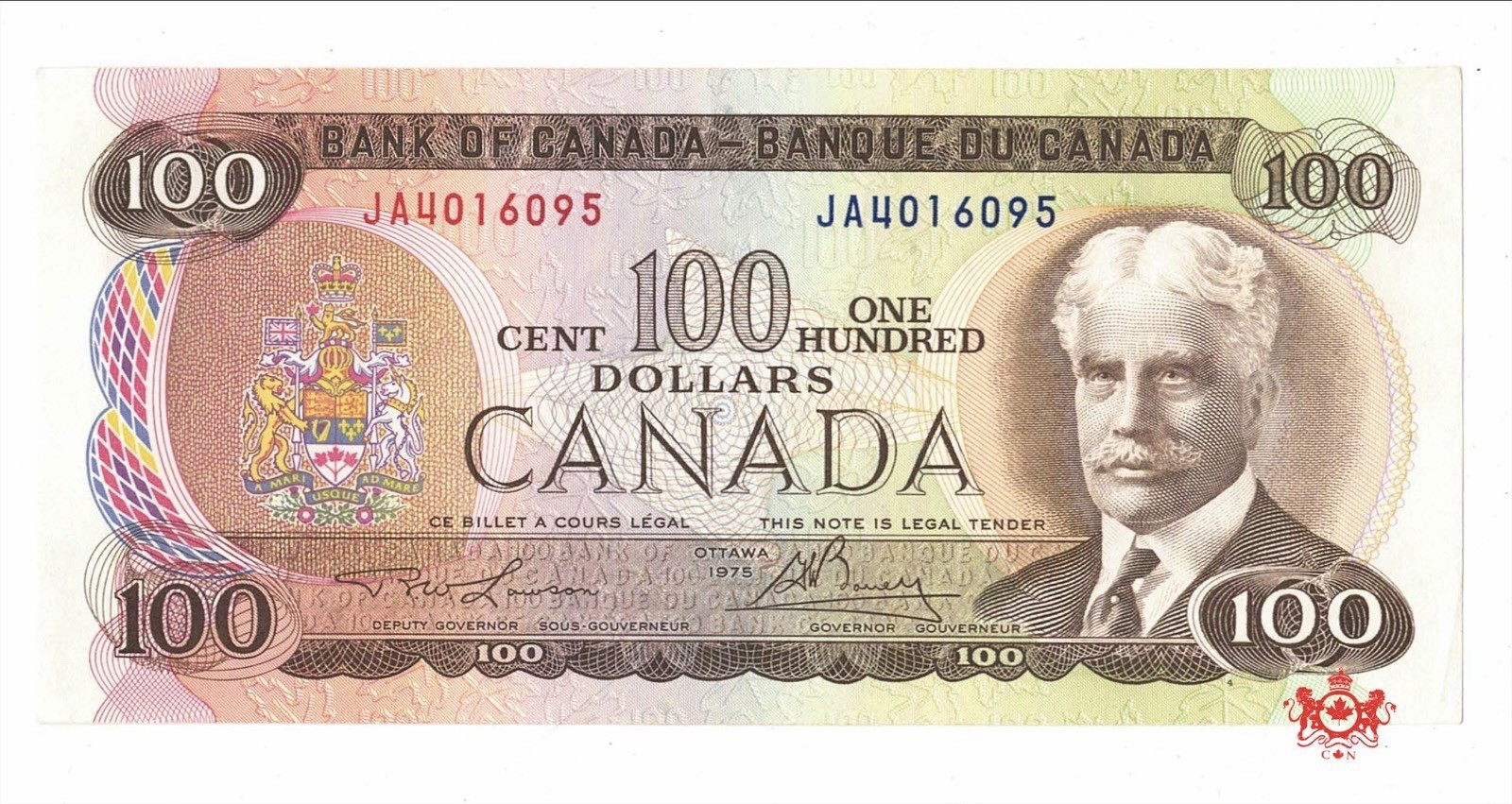 1975 Bank Of Canada 100$ Lawson/Bouey JA4016095 - AU58 - BC-52a