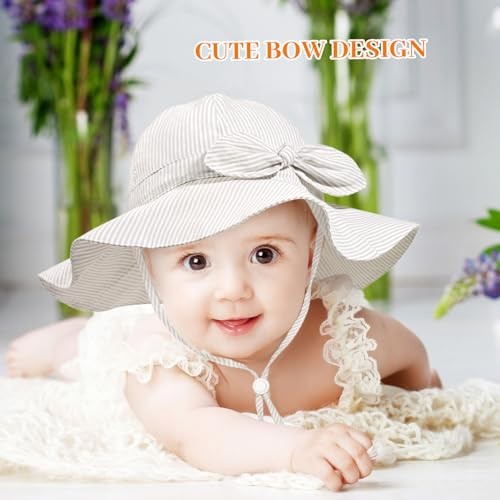 Baby Girl Sun Hat Summer Foldable Beach Hats with 6-24 Months Beige Stripe