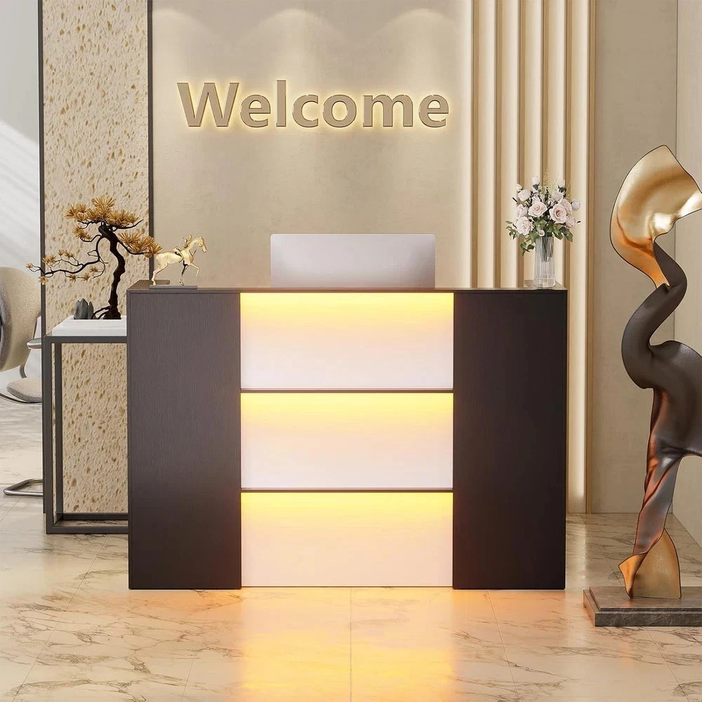 Modern Reception Desk with LED Lights 63 Inches Front Counter Table with Drawer