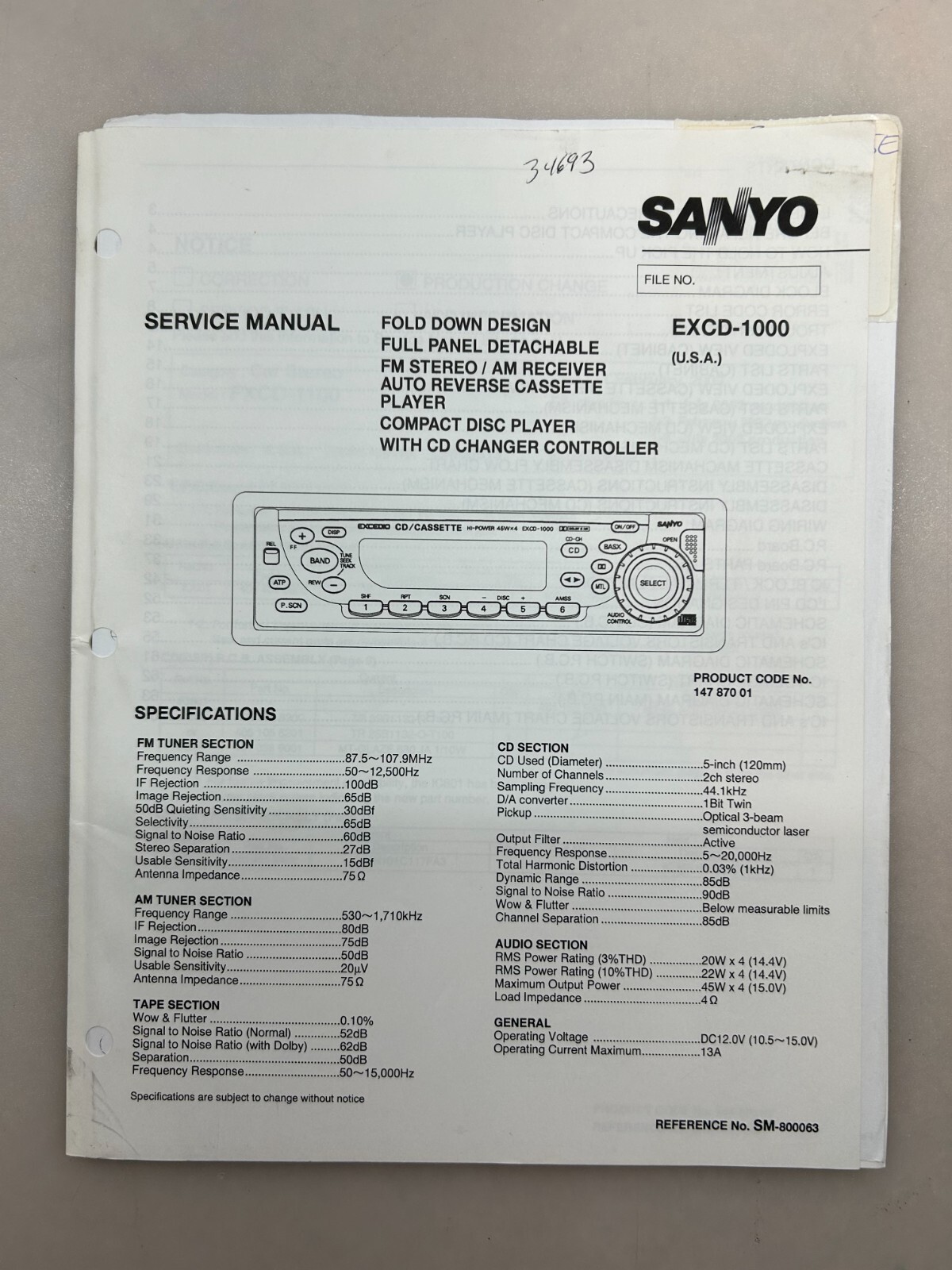Sanyo EXCD-1000 Original Service Manual Free Shipping