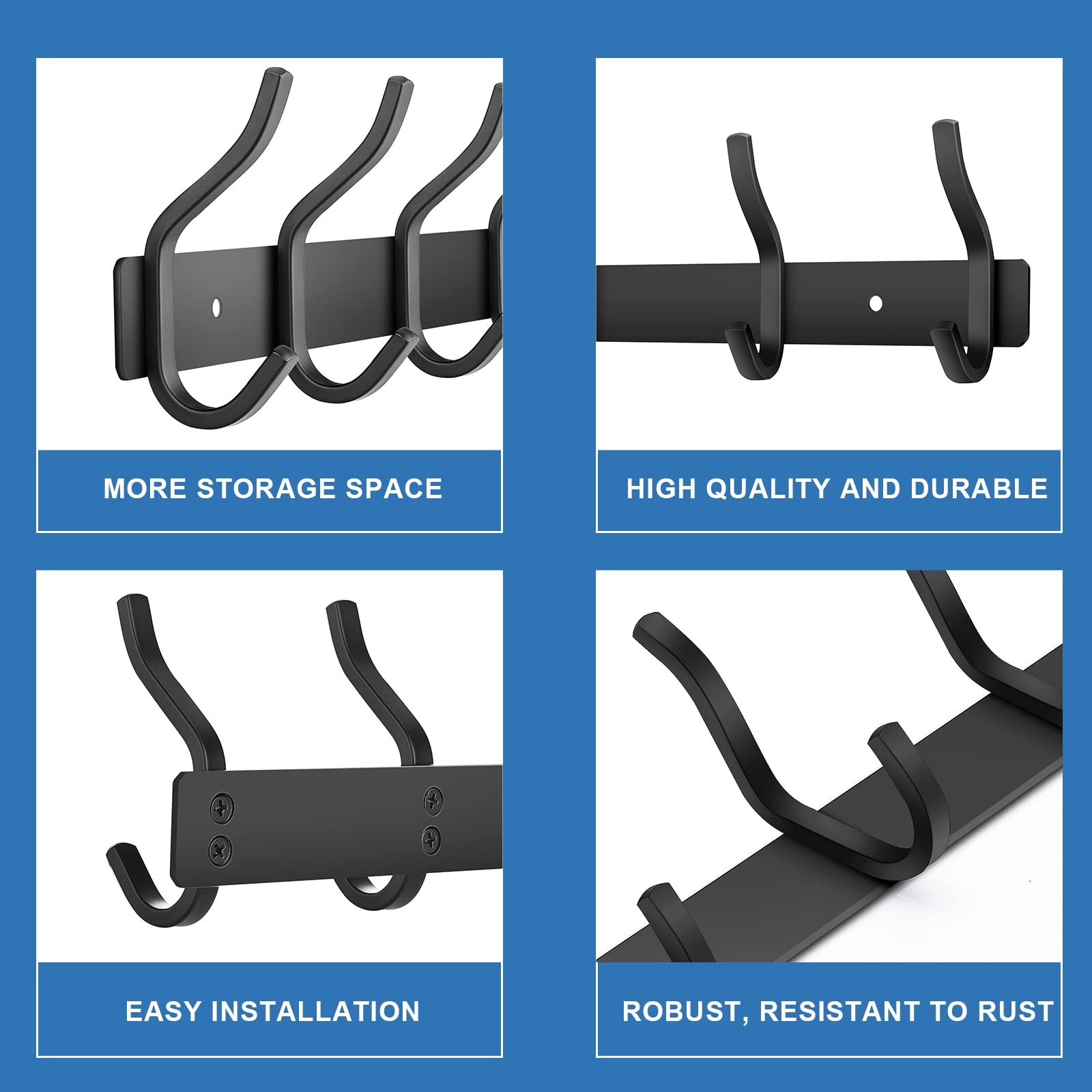 12 Inch Coat Rack Wall Mount with 4 Hooks, Black Wall Hook Rack