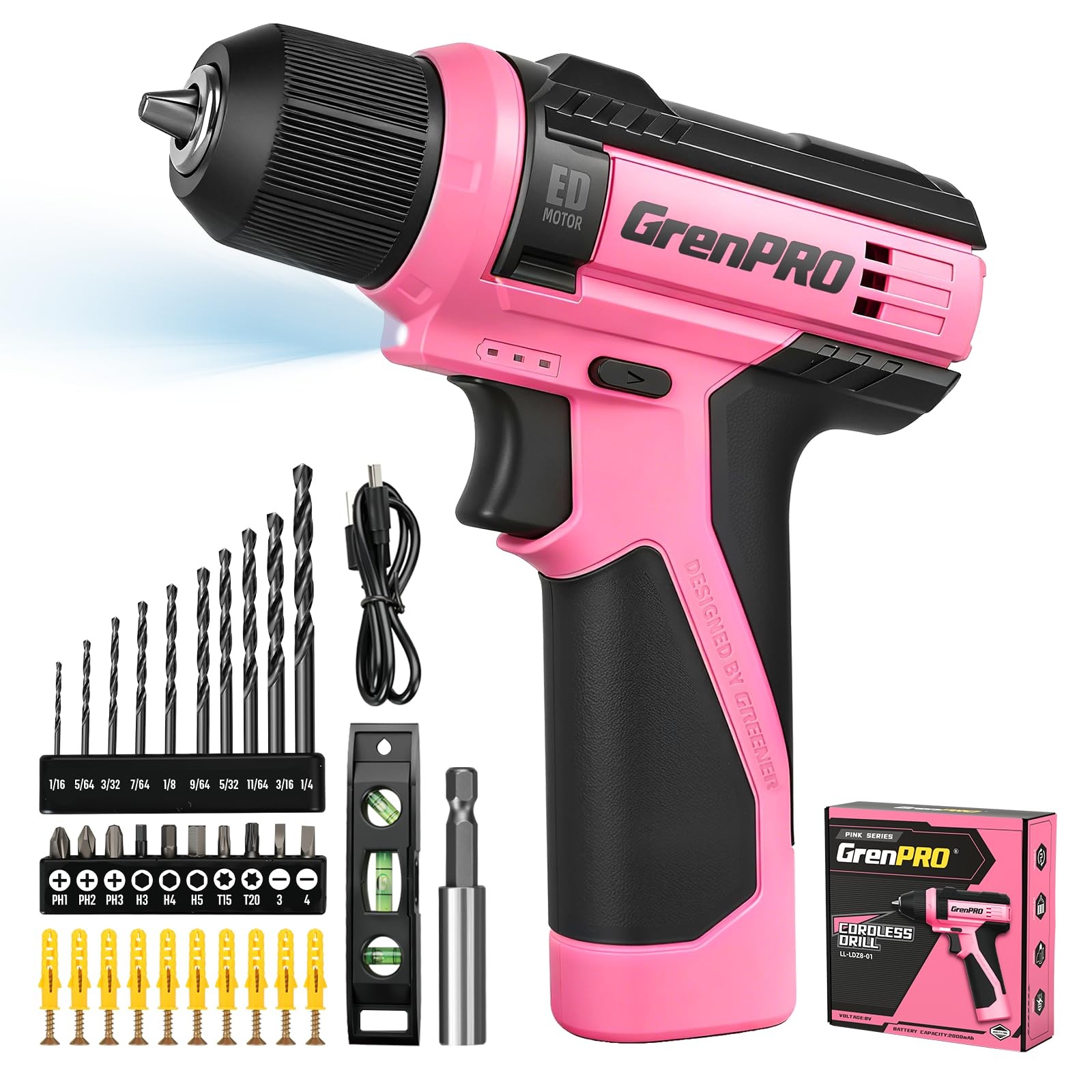 8V Cordless Pink Drill Set 43 PCS Accessories 3/8 Inch Keyless Chuck LED