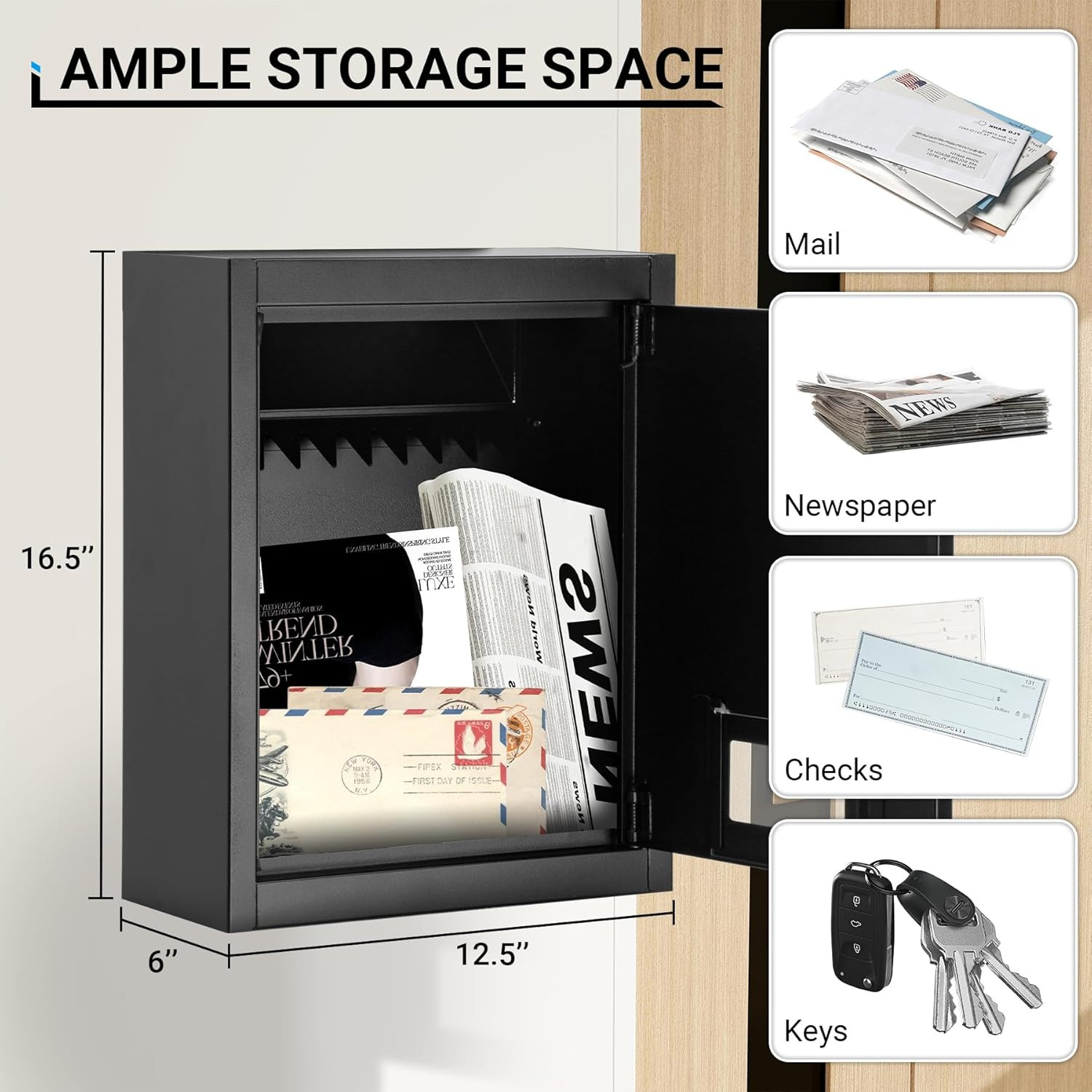 Through-the-Wall Drop Box Safe, Adjustable Chute, Rainproof Mail Slot, Black