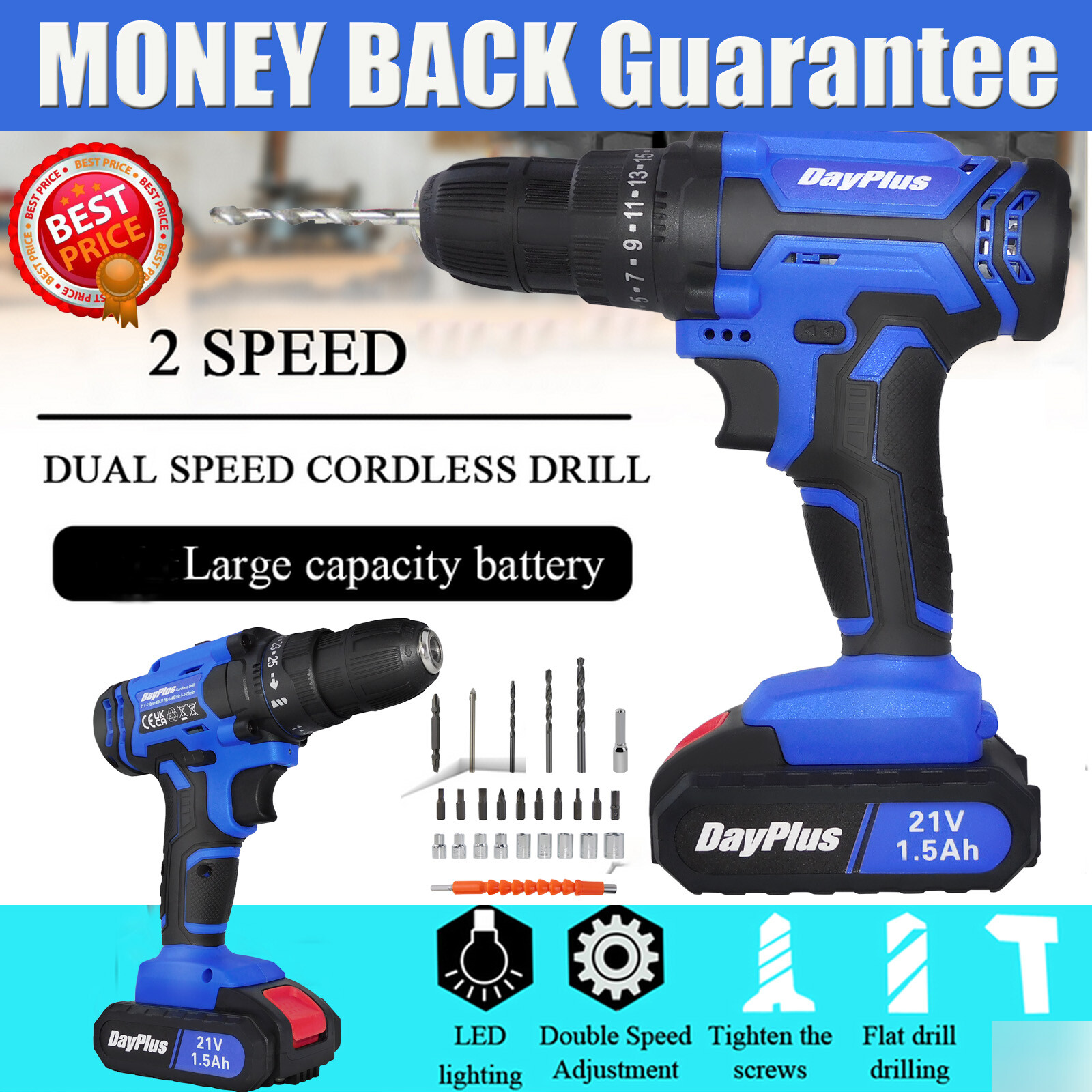 21-Volt drill 2 Speed Electric Cordless Drill / Driver With Bits Set + Battery