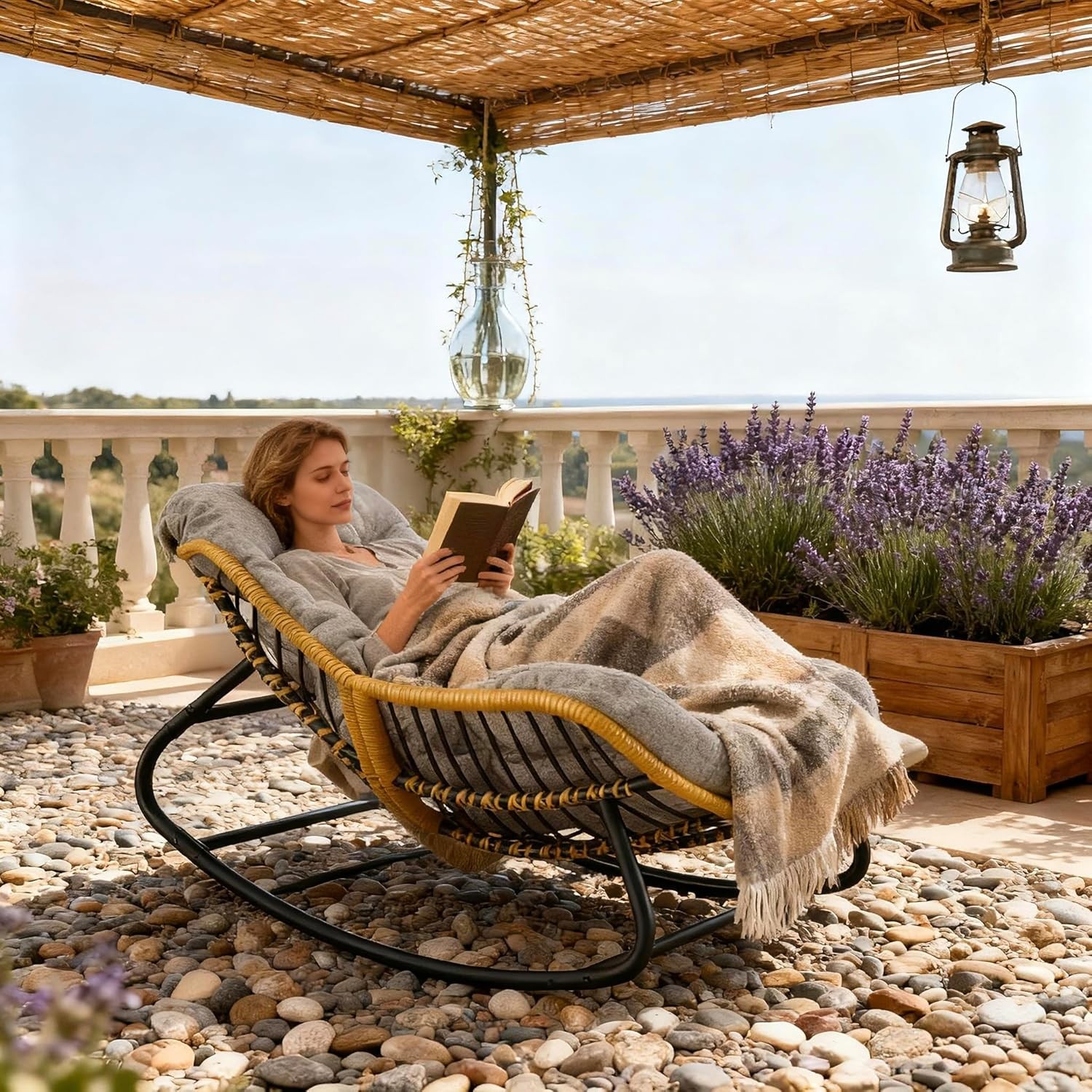 Oversized Papasan Rocking Chair w/Extra Thick Cushion, Rattan Wicker Egg Chair