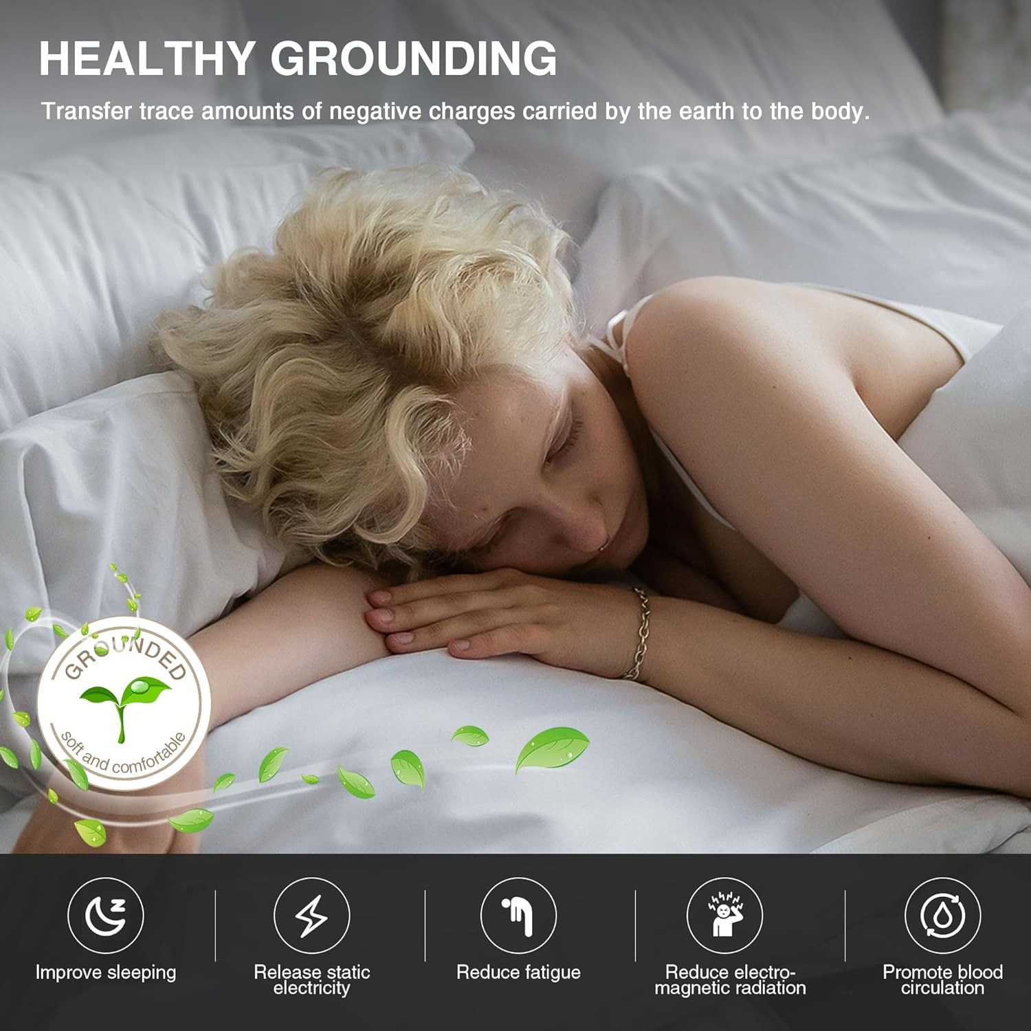 Grounding Mat for Bed, Pad Sleep, Anti-Slip PU Queen, Black