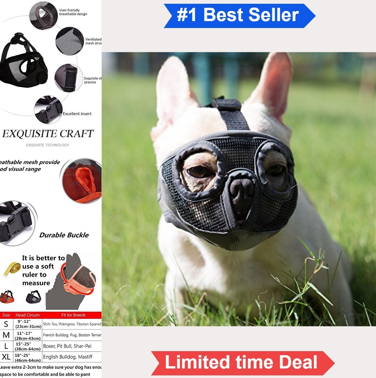Short Snout Dog Muzzle Adjustable Breathable Mesh Grey for Biting Barking