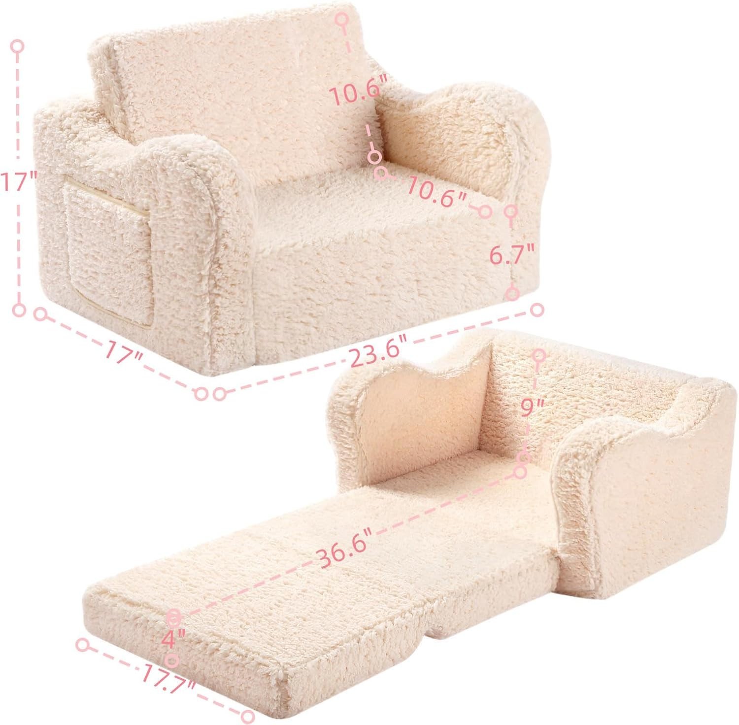 2-in-1 Kids Sofa: Flip-Out Foam Lounge Chair with Soft Sherpa Cover - Cream