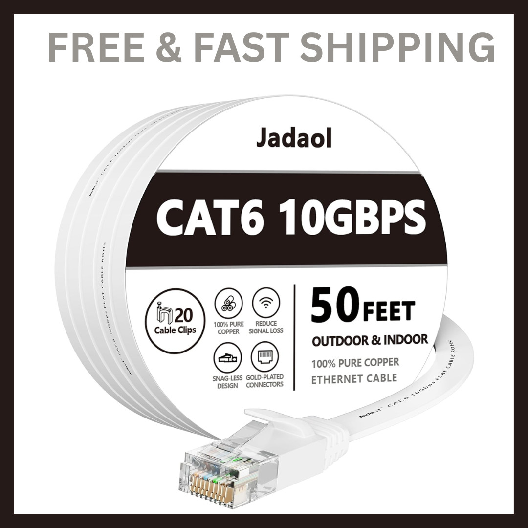 Jadaol Cat 6 Ethernet Cable 50 ft, 10Gbps Support Cat8 Cat7 Network, Flat RJ45