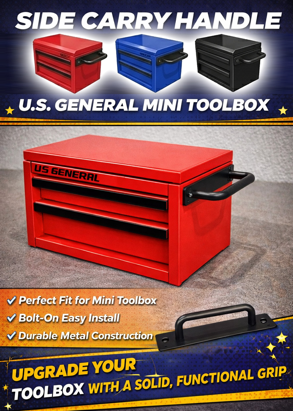 Mini Toolbox Side Handle for US General & Kobalt | Bolt-On Metal Pull Handle Up