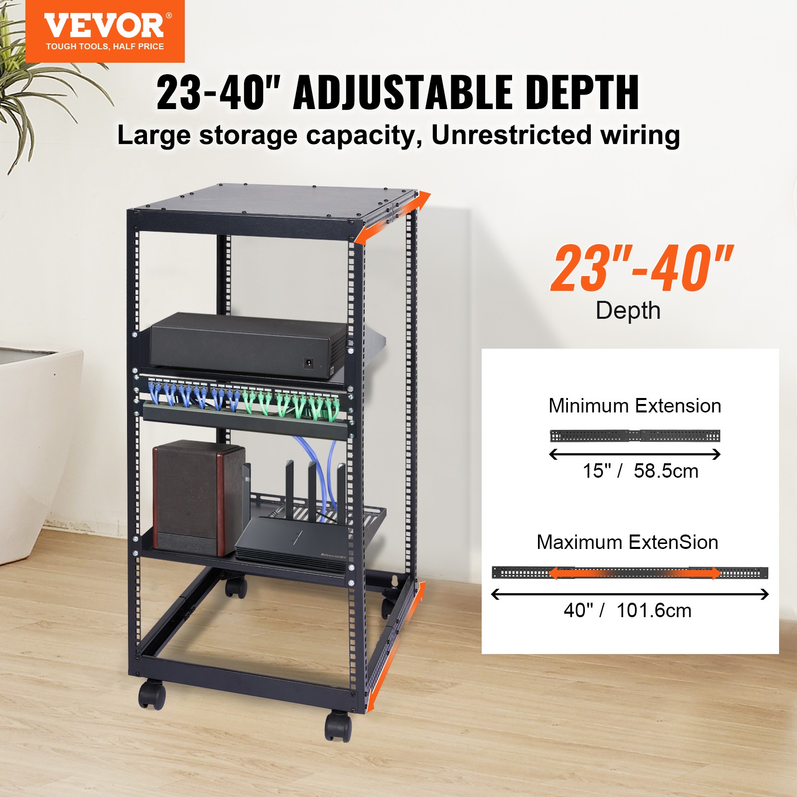 VEVOR 20U 4 Post Open Frame Server Rack Network Enclosure 23''-40'' Adjustable