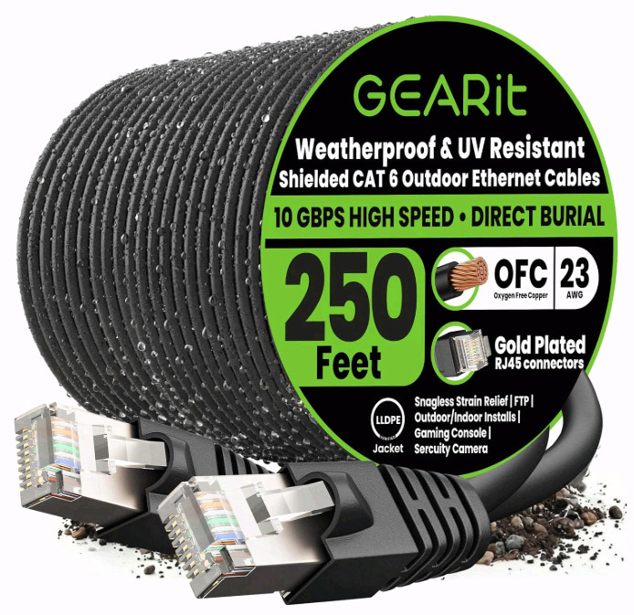 Cat6 Outdoor Ethernet Cable 250ft Pure Copper FTP Waterproof Burial UV POE LANs+