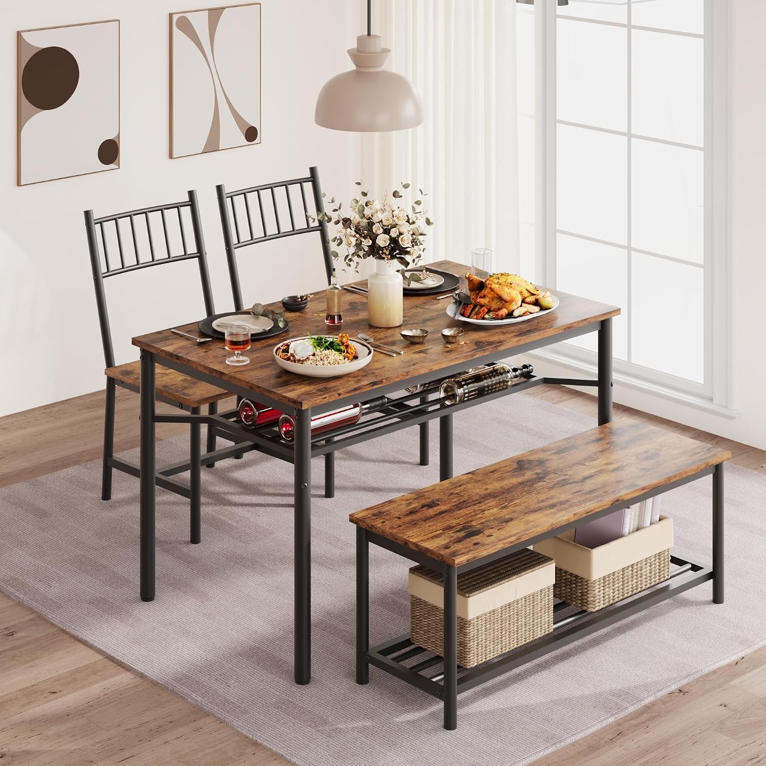Dining Table Set 4 Kitchen Table & Chairs 4 W/ Wine Rack Rectangular Dining Room