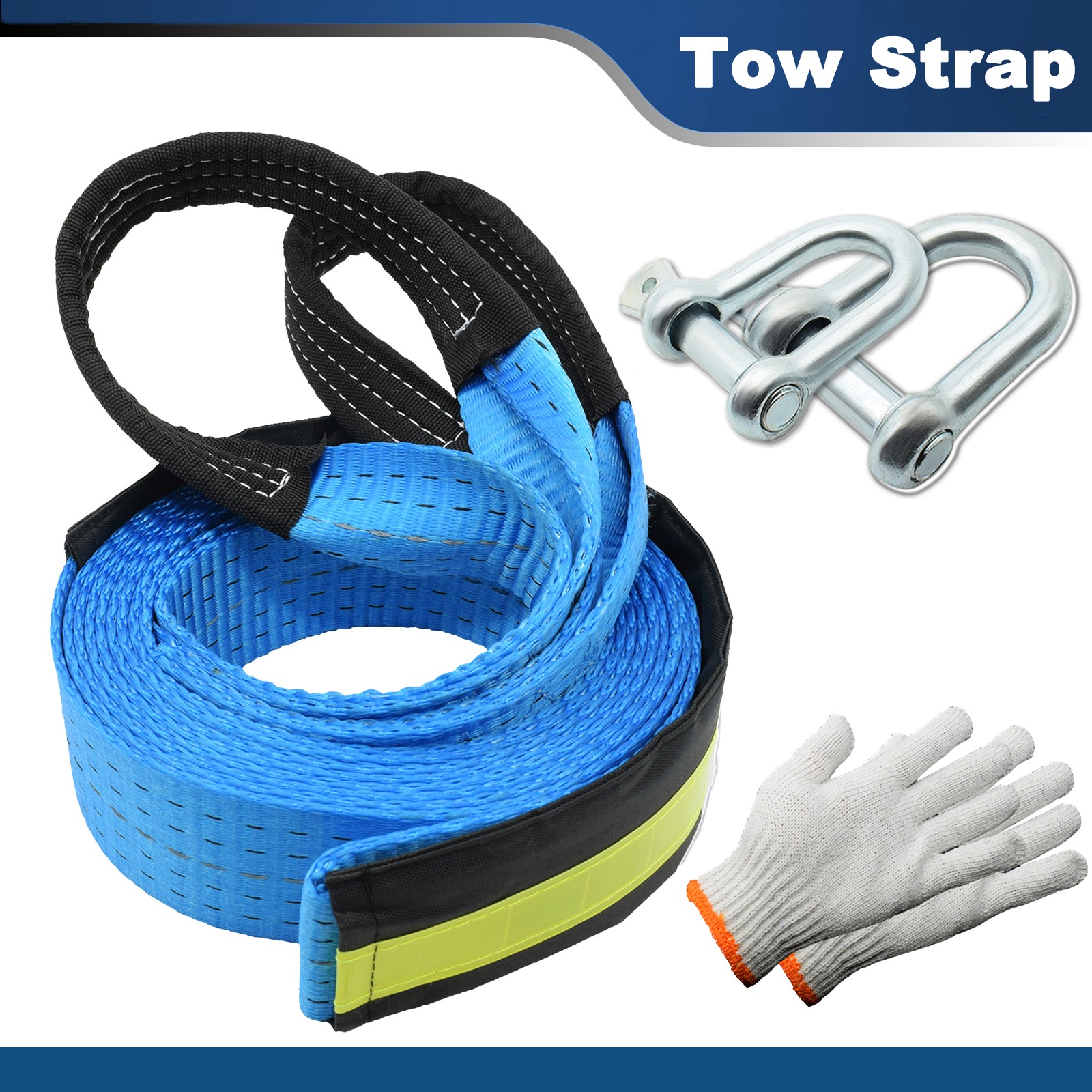 16' Heavy Duty Tow Strap Car Boat Trailer 17000Lb Towing Recovery Rope Shackles.