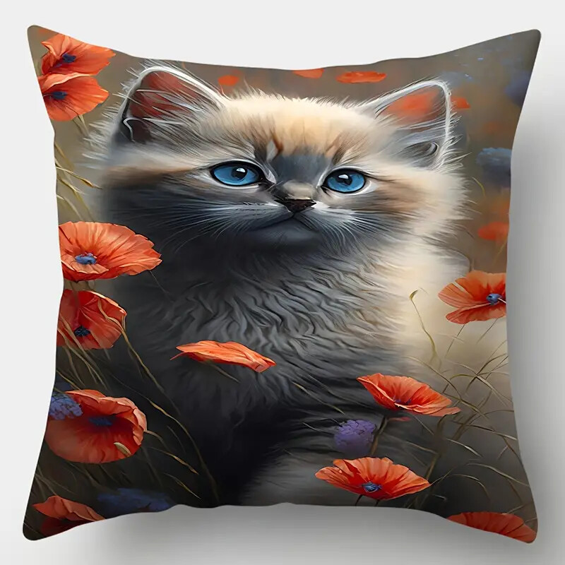 Kitten In Red Flowers Throw Pillow Couch Pillow 18 X 18 Pillow and Case Included