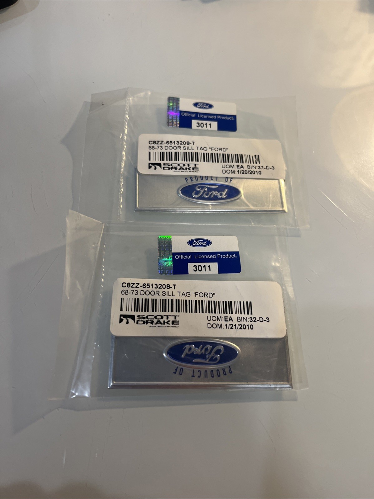 Mustang 1968 1973 Scott Drake C8ZZ-6513208-T Door Trim Sill Plate Emblems Pair