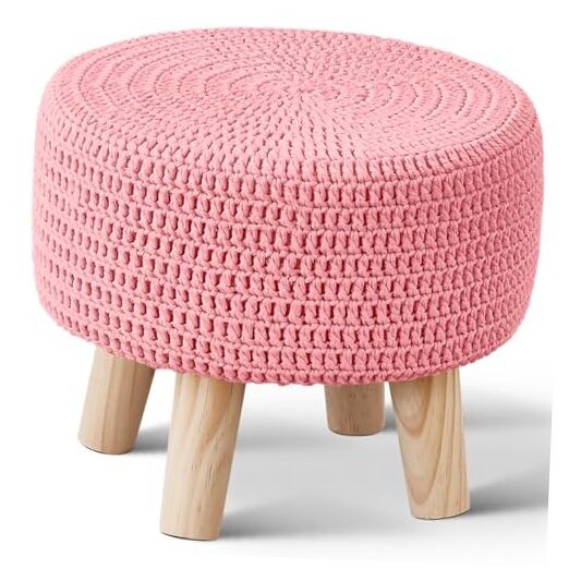 Pouf Ottoman, 100% Cotton Knitted Boho Footstool, Round Footrest with Non Pink