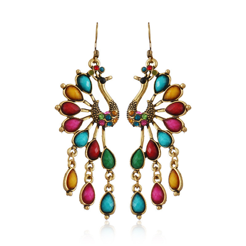 Ethnic Peacock Bronze Color Opaque Rhinestones Tassels Dangle Hook Earrings
