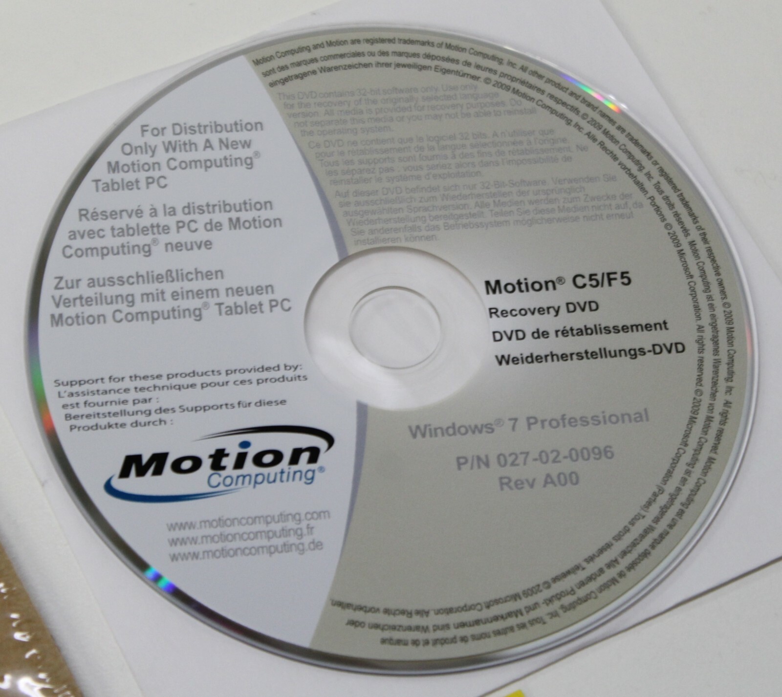 Motion Computing C5/F5 Recovery DVD Windows 7 / XP 1535-040HOMC Free Shipping