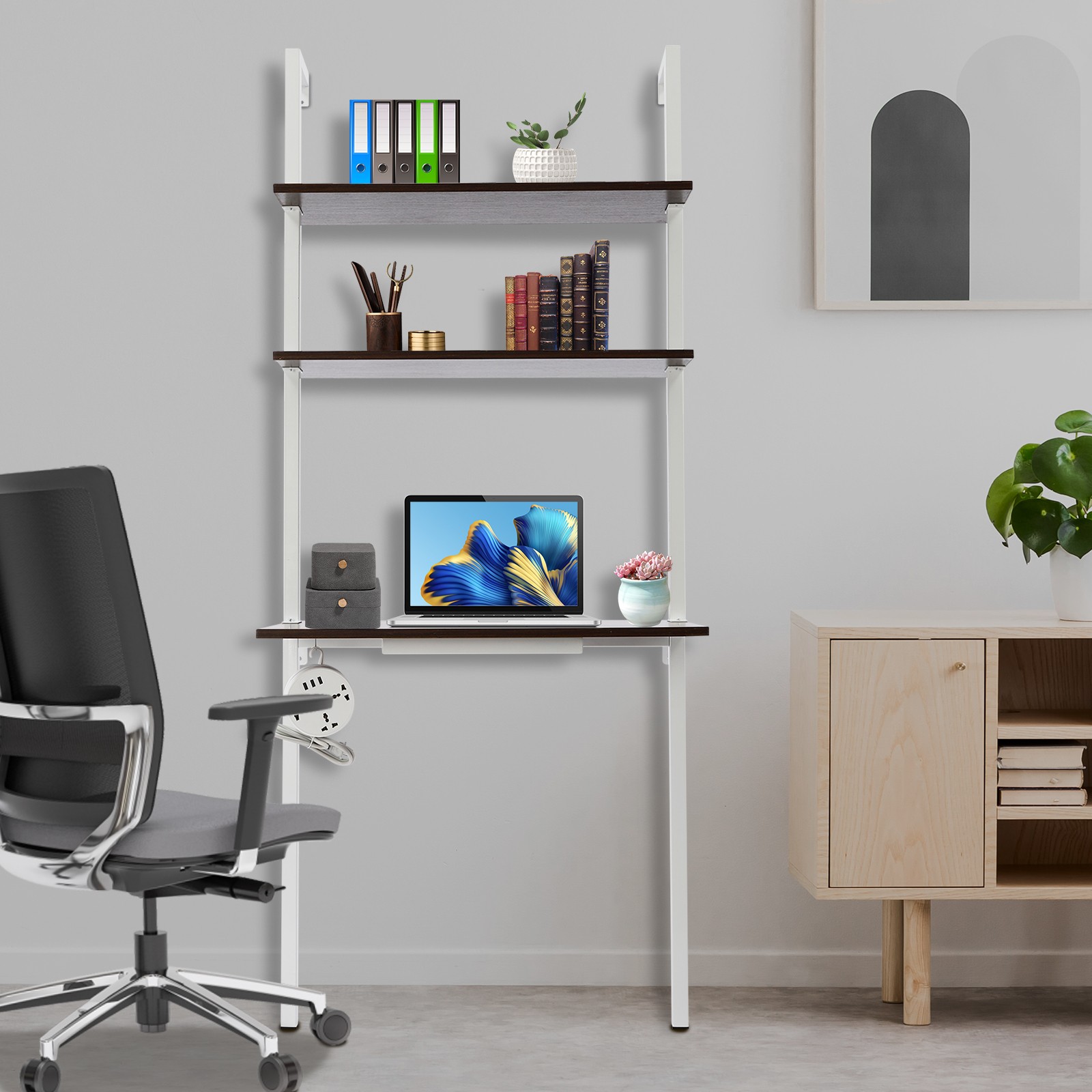 3 Tiers Computer Desk Wall Mounted Storage Shelf 72.5" Work Table W/ Power Strip