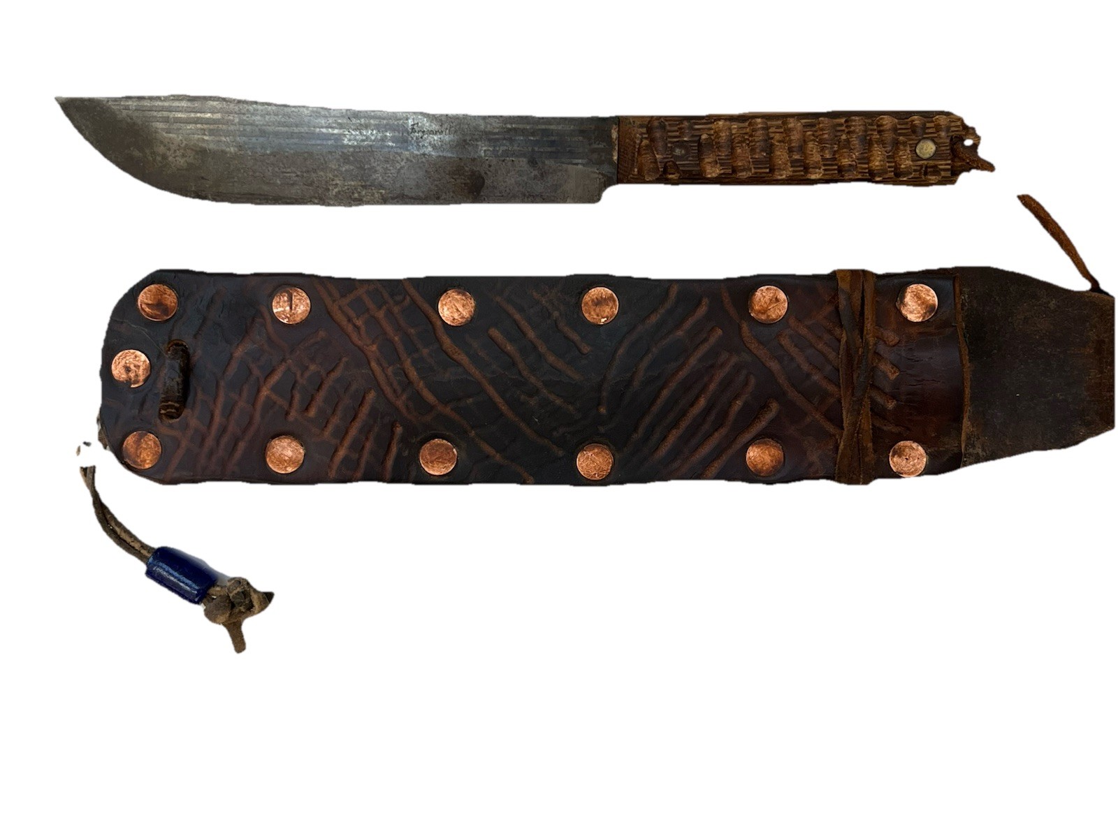 Mountain Man Buffafalo Skinner, Forgecraft 12"L, Custom Tooled Leather Sheath