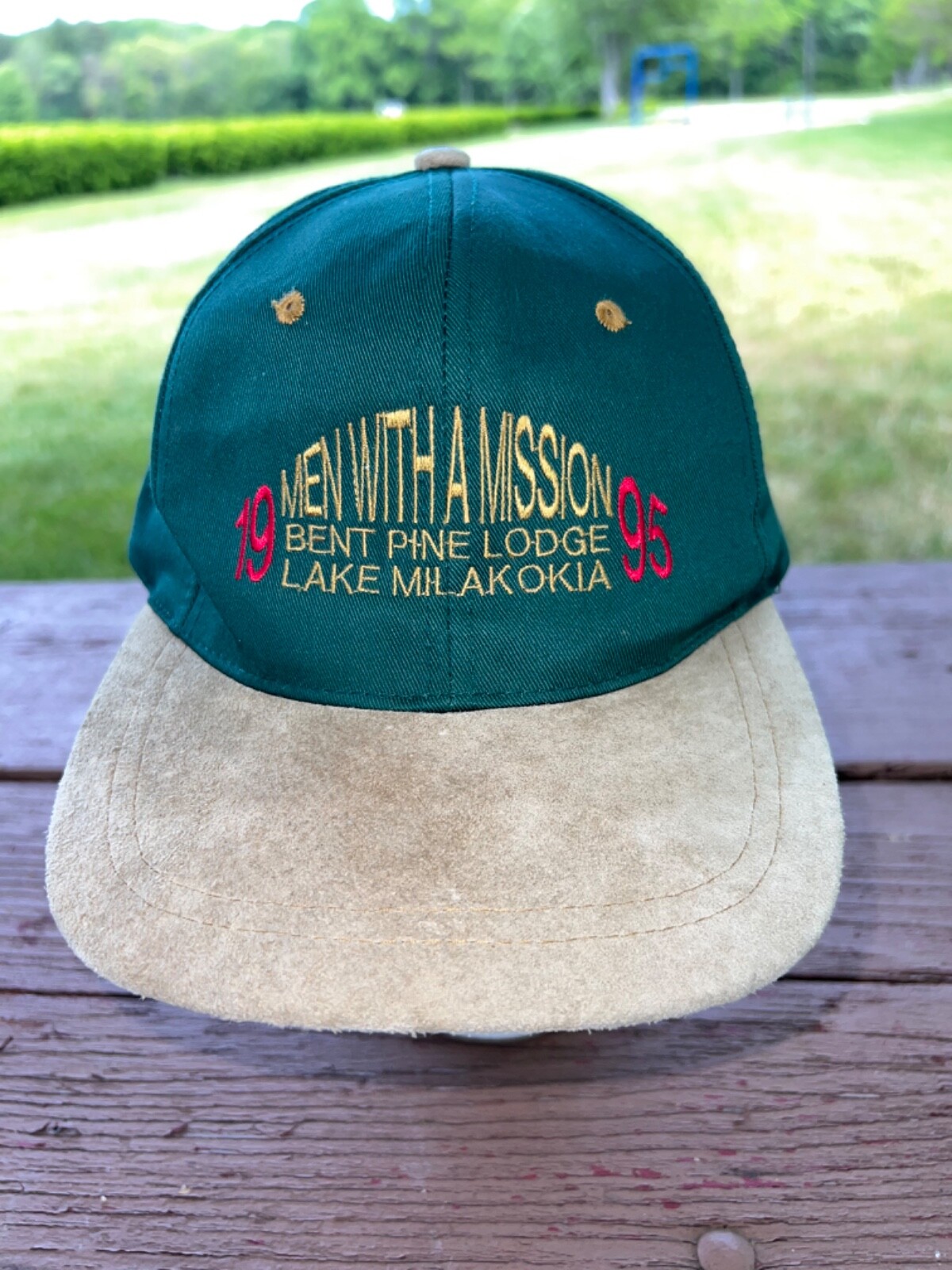 Men with a Mission Bent Pine Lodge 19 Lake Milakokia 1995 Hat Cap Snapback Suede