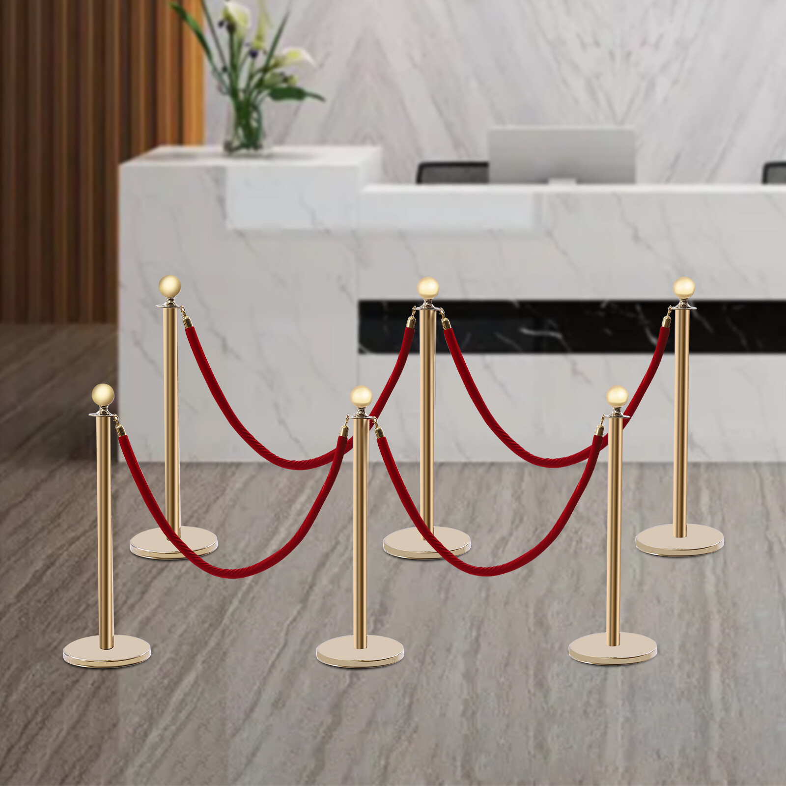 6Pcs Golden Stanchion Posts with 4 Velvet Ropes Crowd Control Queue Pole Barrier