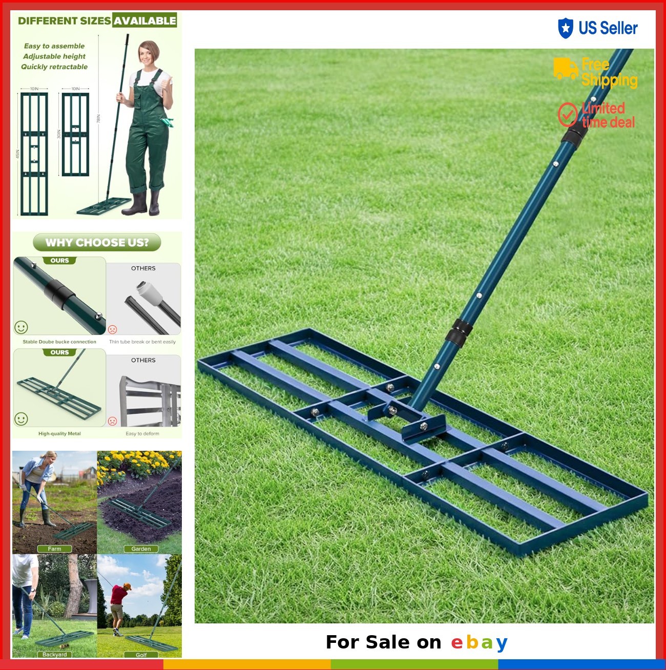 Lawn Leveling Rake 45 Inch by 10 Inch Heavy Duty Steel Handle for Soil Sand Dirt