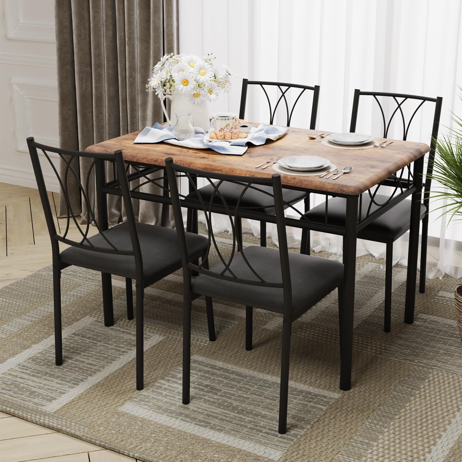 5 Piece Dining Table Set for 4 ,Dinette Kitchen Table and 4 Upholstered Chairs