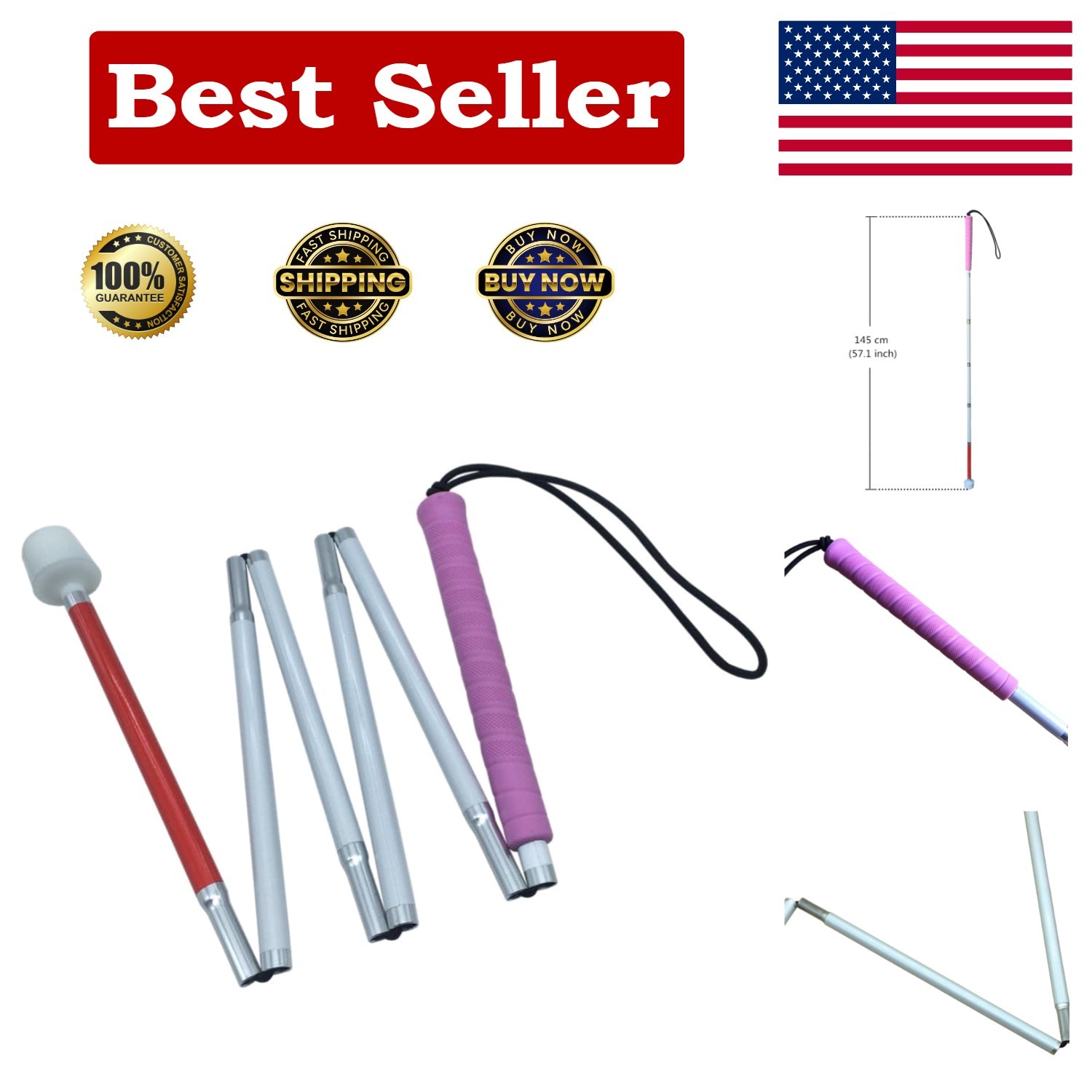 Reflective Pink Handle Folding Cane for Vision Impaired - 57.1 inch, 6 Sections