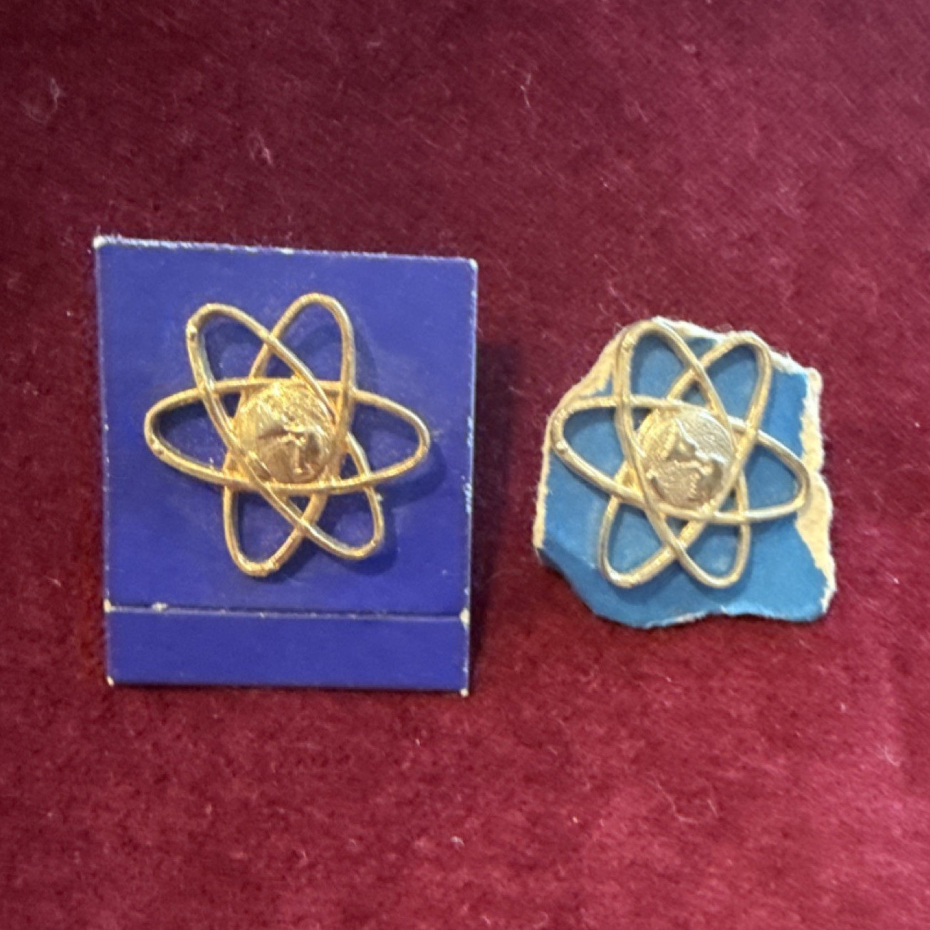 Lot of 2 Atom Symbol Lapel Pins Gold Tone with Blue Enamel Backing 1960s
