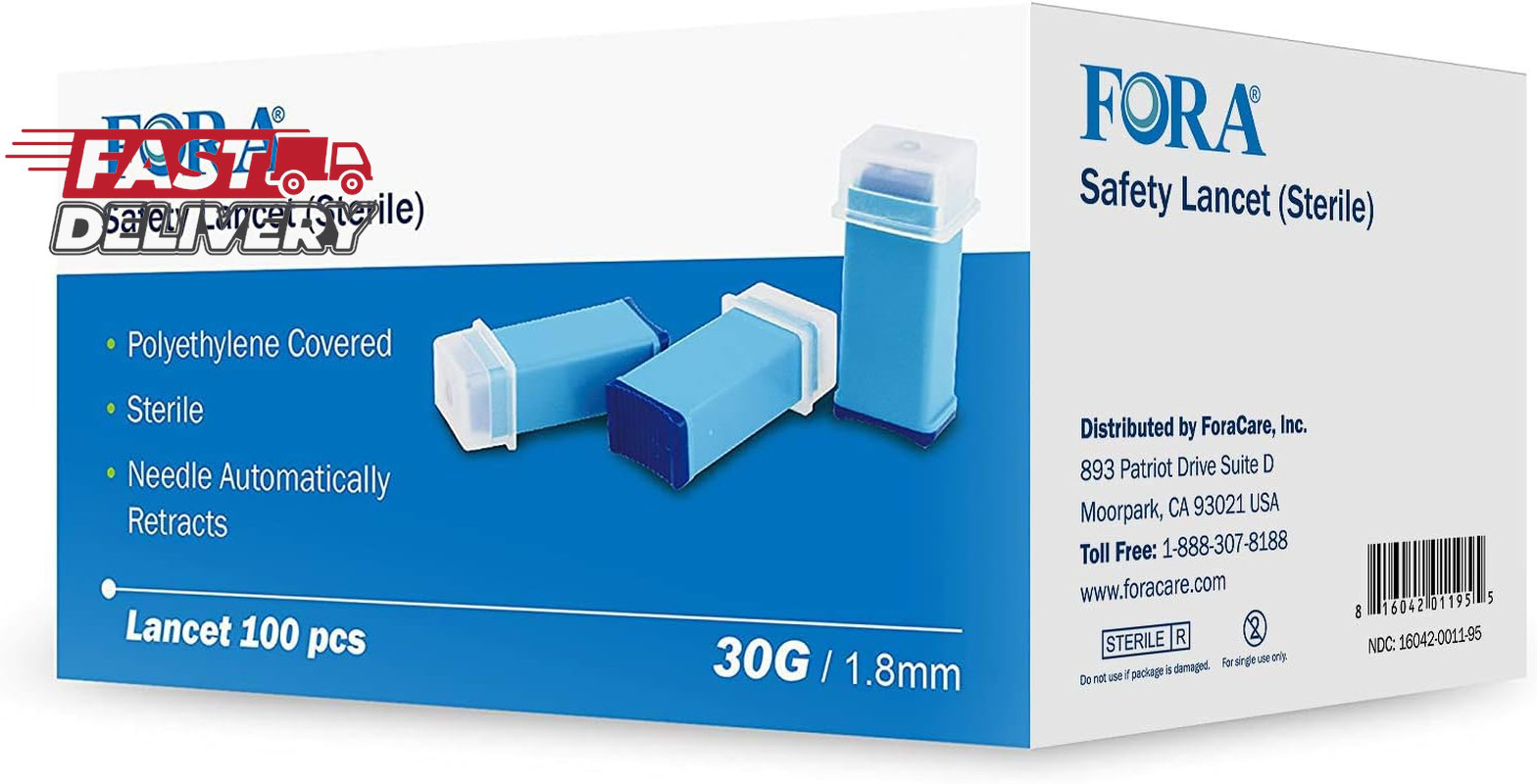 FORA Sterile Safety Lancet, 1.8Mm Depth, 30 Gauge, 100 Count, Diabetic Supplies