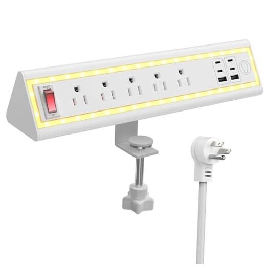 Desk Clamp Power Strip with Nightlight, 40W Fast 5 Outlets & 6 USB Ports White