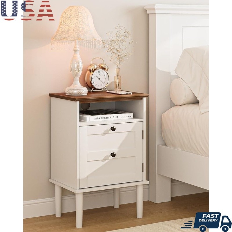Boho Nightstand W/ Drawer Modern Side Accent Table Open Shelf Wooden Top New