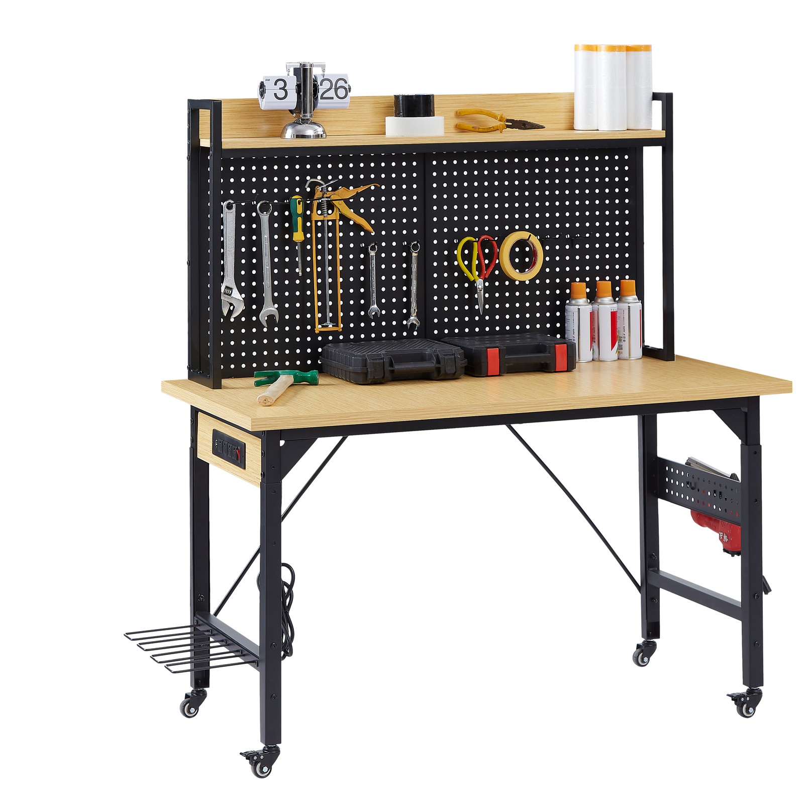 48''Adjustable Workbench with pegboard, Heavy Duty Wooden Desktop