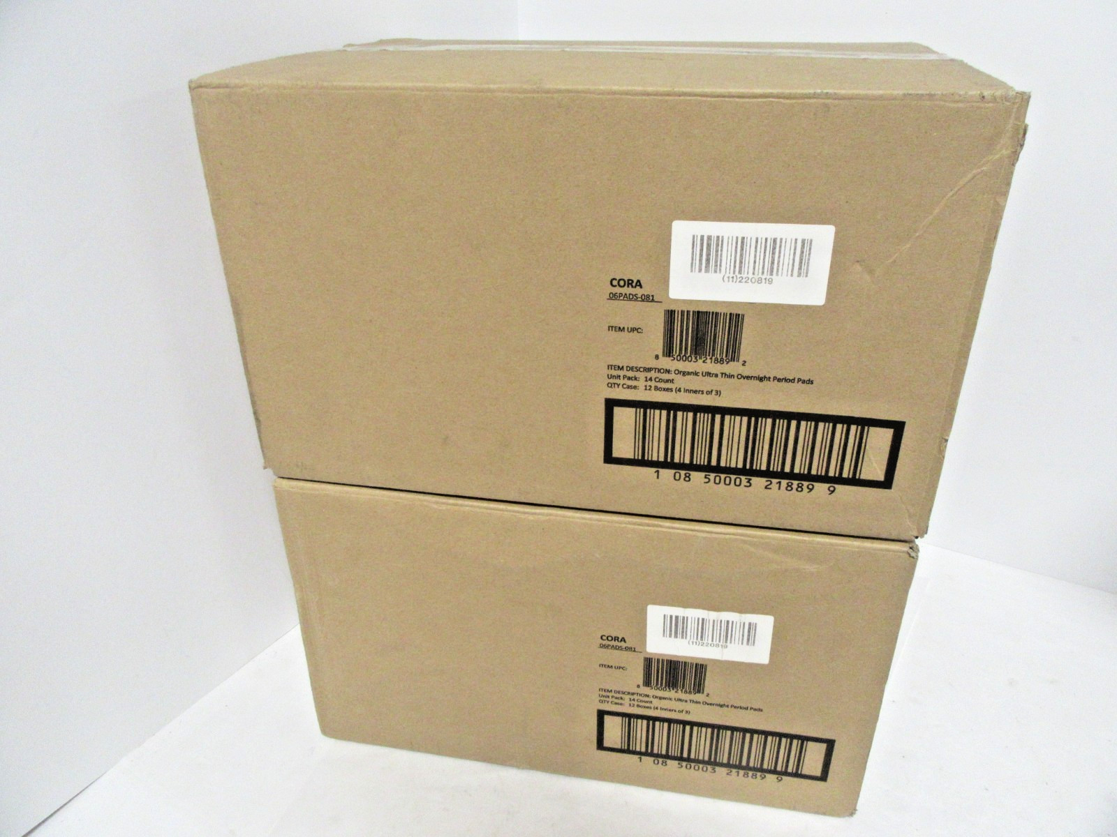24 boxes of 14ct Cora Peace of Mind Overnight Pads 100 Organic Cotton w/ Wings