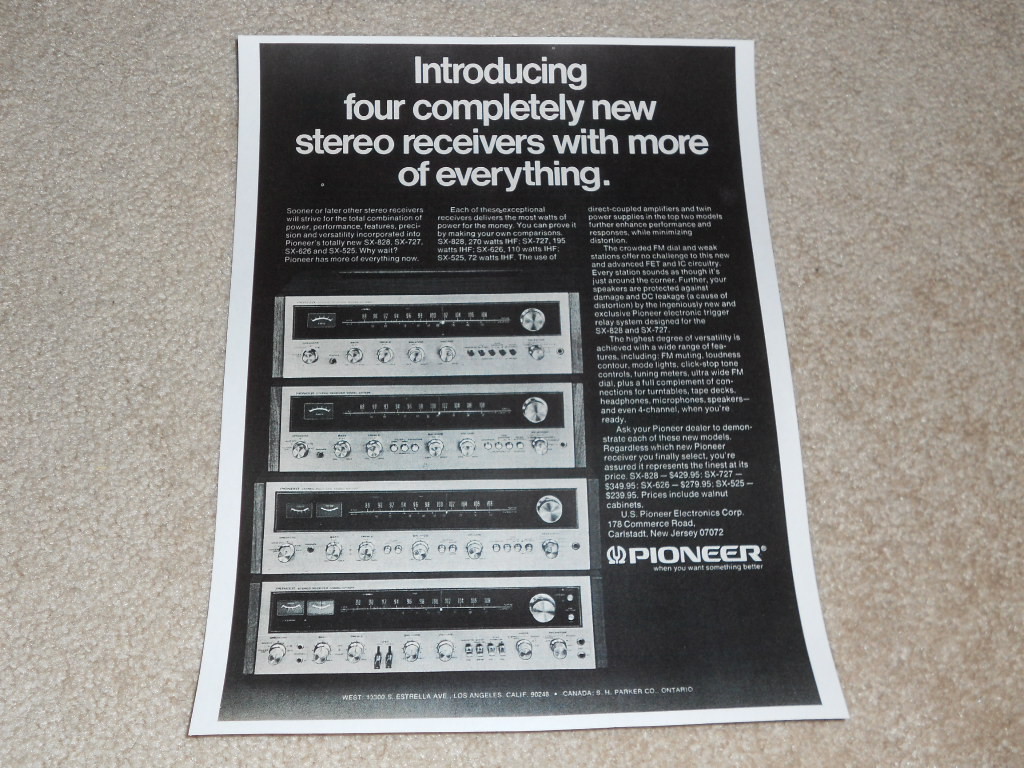 Pioneer Receiver Ad, 1975, SX-828,SX-727, SX-626, SX-525, Articles, Info, 1 pg