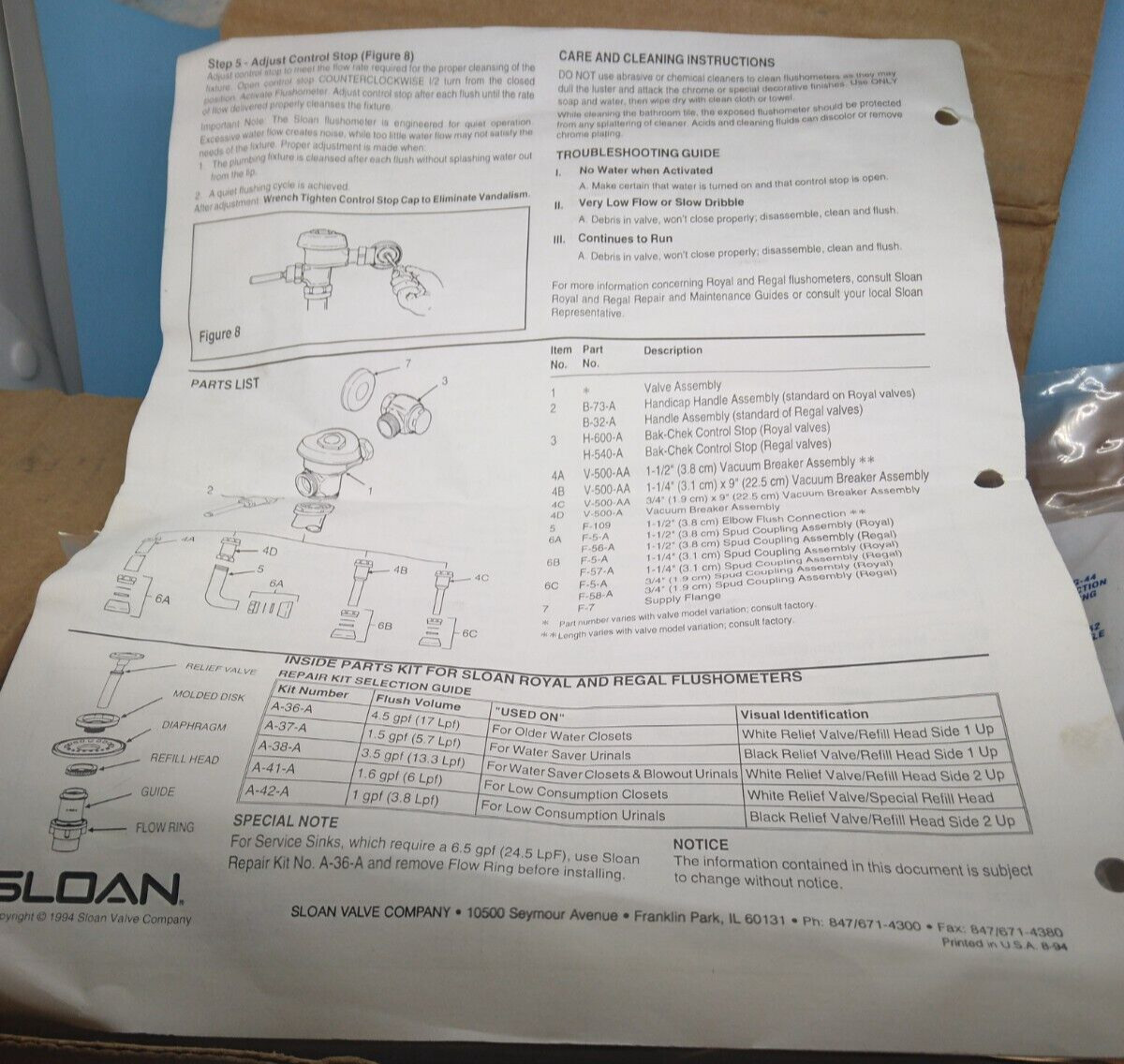 Sloan Flushometers Regal model No 112-1.5 XD code No 3080291