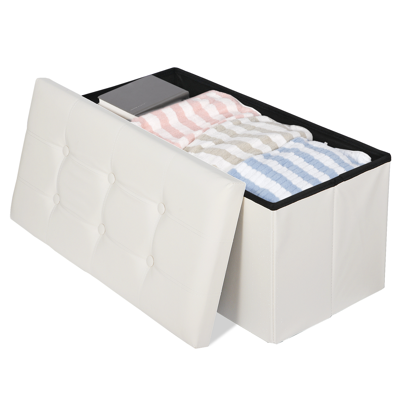 Durable 30" Ottoman Storage Bench Chest Folding Footstool W/Removable Lid Beige