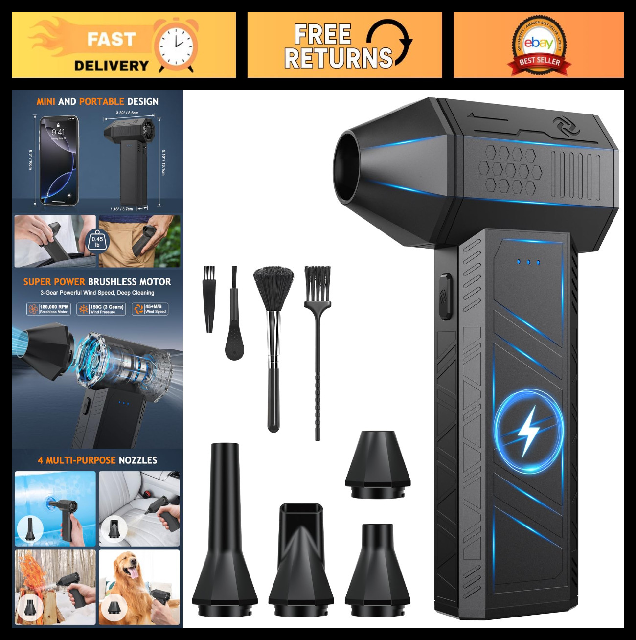 Powerful Cordless Compressed Air Duster - 180,000 RPM, 3-Speed Rechargeable Blow