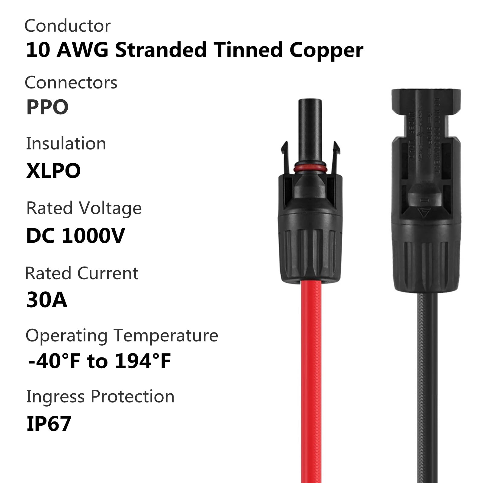 Solar Connectors Y Branch Parallel Adapter 10AWG Cable for Solar Panel (Red &...