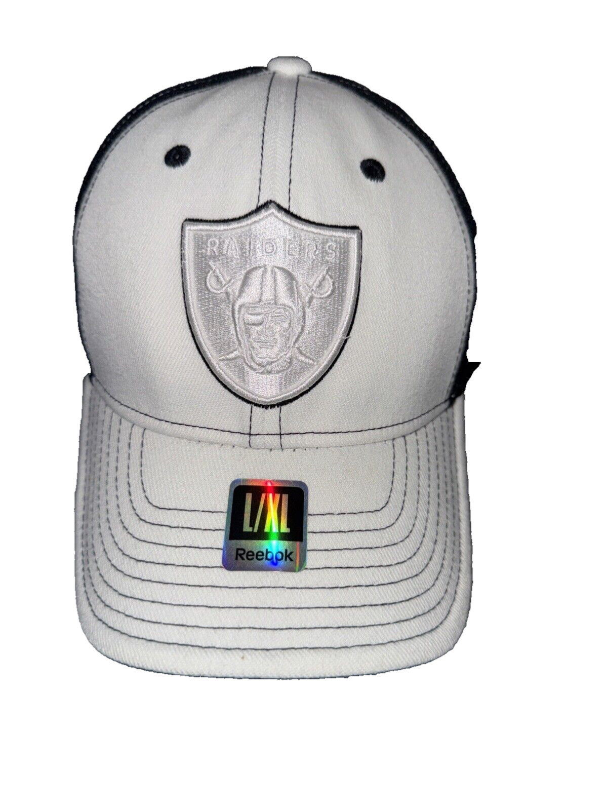 Raiders White on White Logo Patch on White Black Hat Cap L/XL Reebok Team NFL