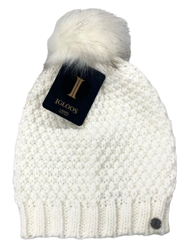 Igloos Outdoor Ladies Ivory Earth & Seed Beanie with Faux Fur Pom One Size NWT