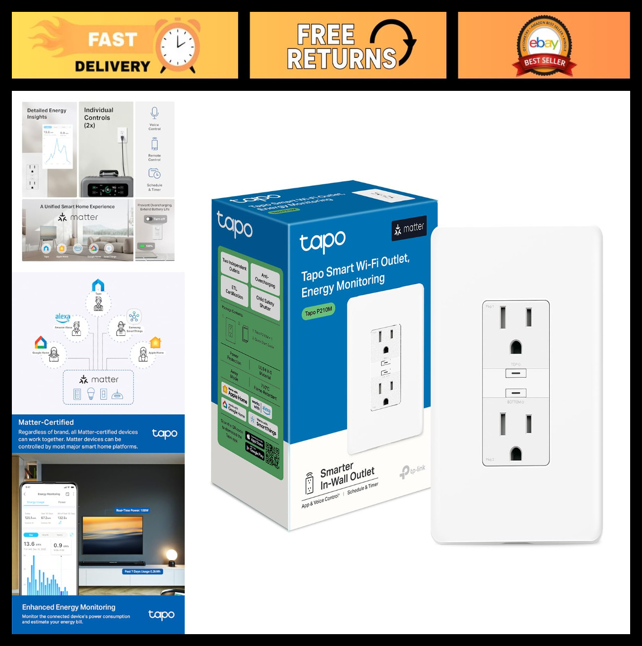 Smart Wi-Fi In-Wall Outlet Plug, Energy Monitoring, Voice Control, Alexa/Google