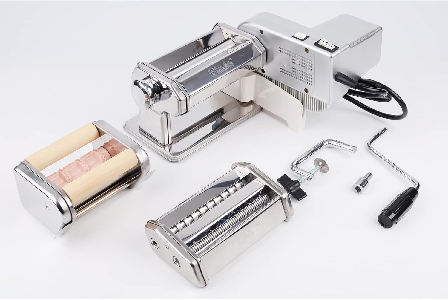 Shule electric pasta maker with motor, hand crank and multi-functional roller